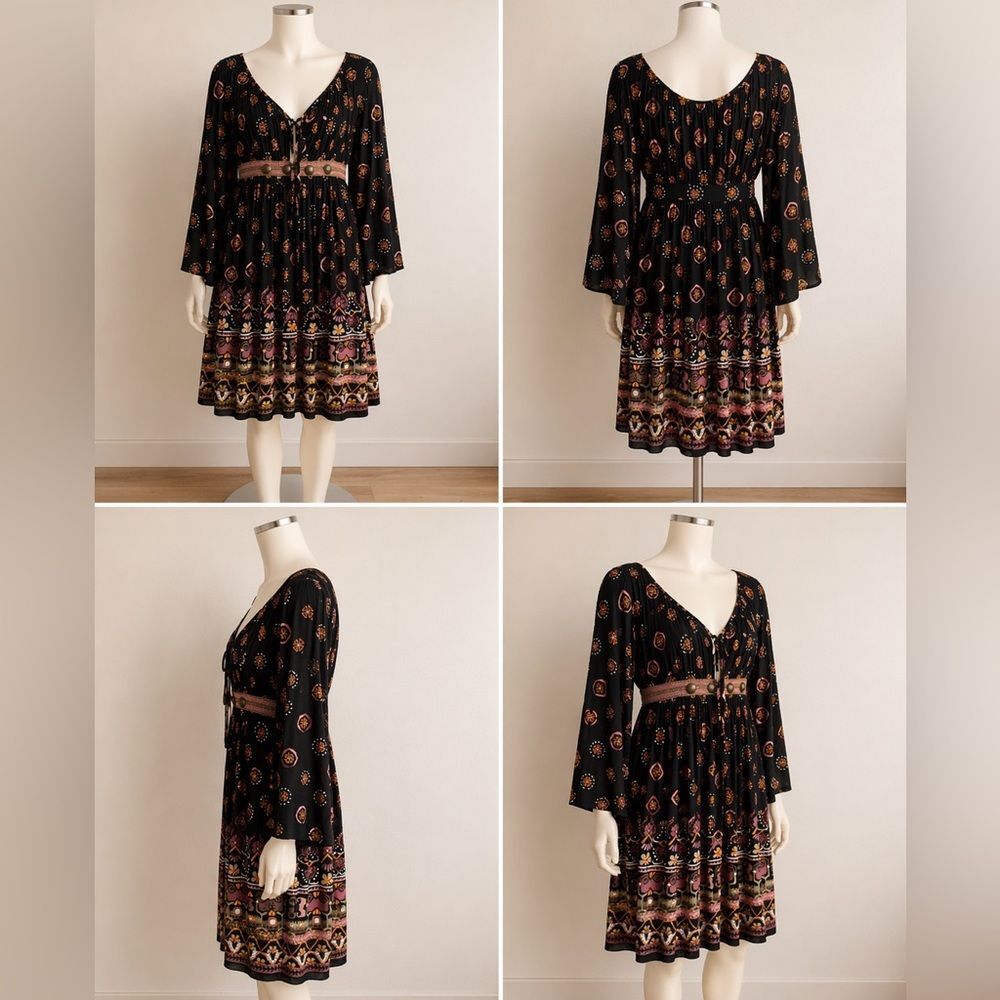 Muse Boston Proper Black Printed Tunic Dress Sz10 BohoChic Cottagecore Festival